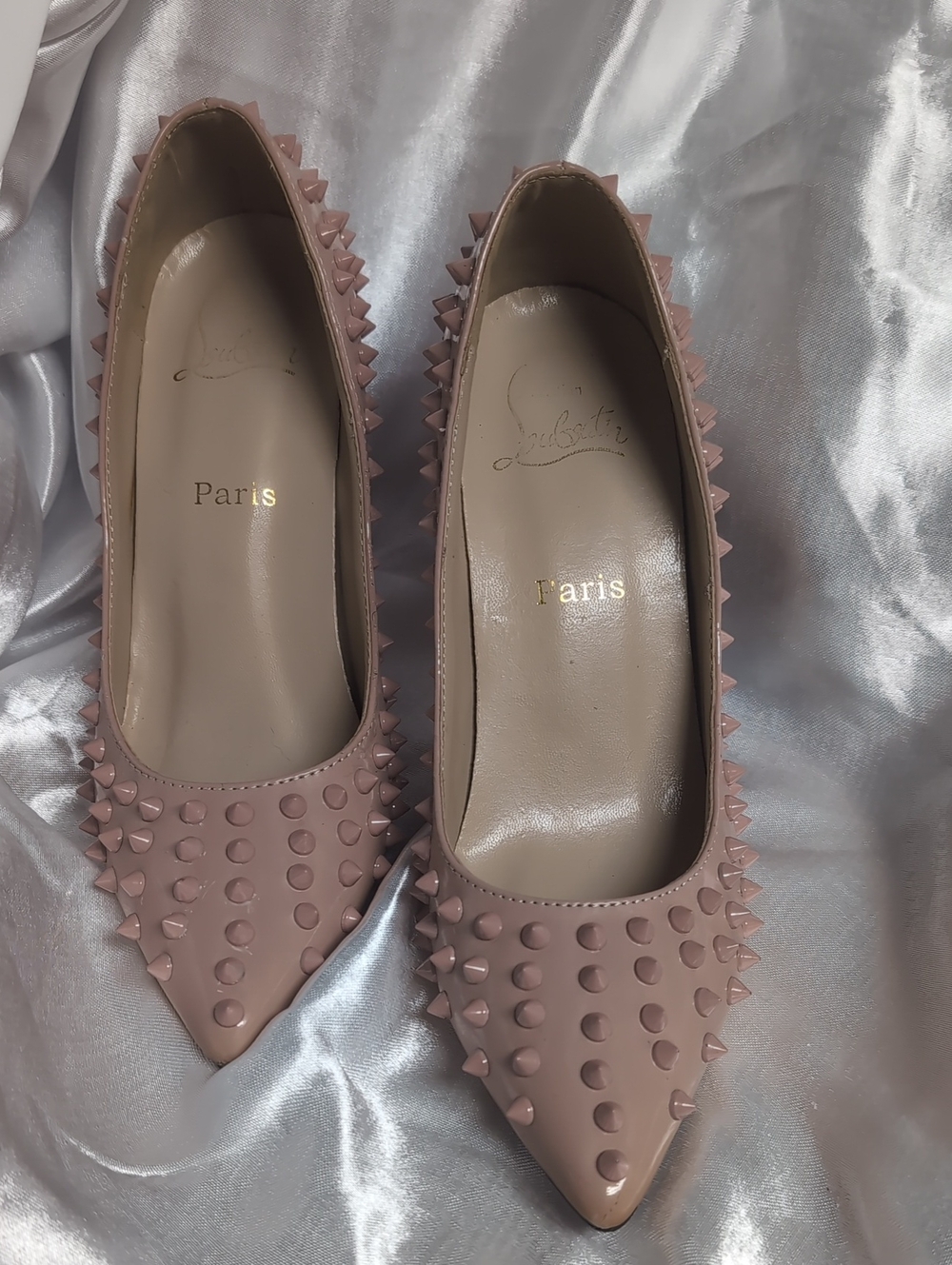Christian Louboutin Blush Pink Spike-Embellished Pointed-Toe Flats